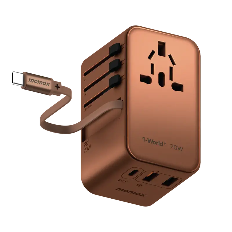 1-World+ 3-Port Travel Gan Charger With Built-In Usb-C Cable 70W 1