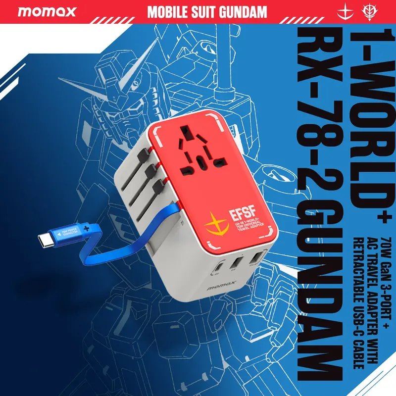 1-World+ 3-Port Travel Gan Charger With Built-In Usb-C Cable 70W Gundam 3