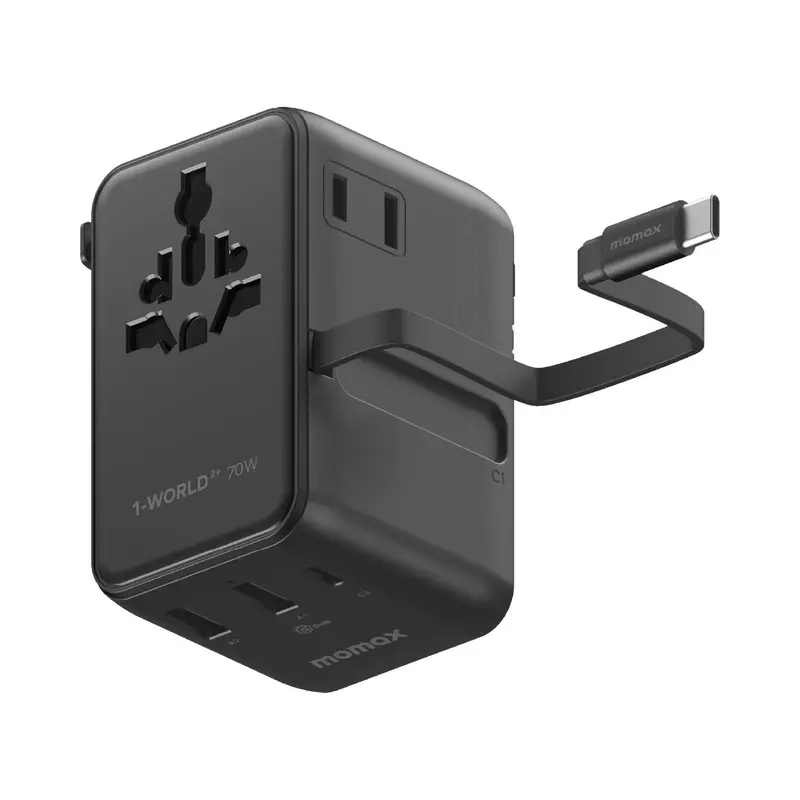1-World 70W 3-Port Dual Ac Travel Adapter With Built-In Retractable Cable 1