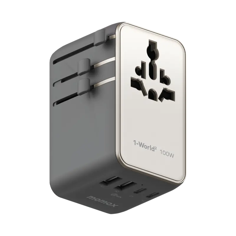 1-World²⁺ 4-Port Mini Universal Travel Gan Charger With Built-In Retractable Cable 100W With Dual Ac 1