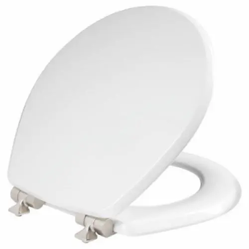 Bemis 26Nisla 000 White Round Slow Close Wood Toilet Seat With Brushed Nickel Hinges 1