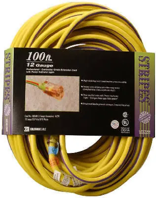 Coleman 02549-88-22 100' 12/3 Sjtw Outdoor Neon Yellow Extension Cord W Stripe - Quantity Of 1 1