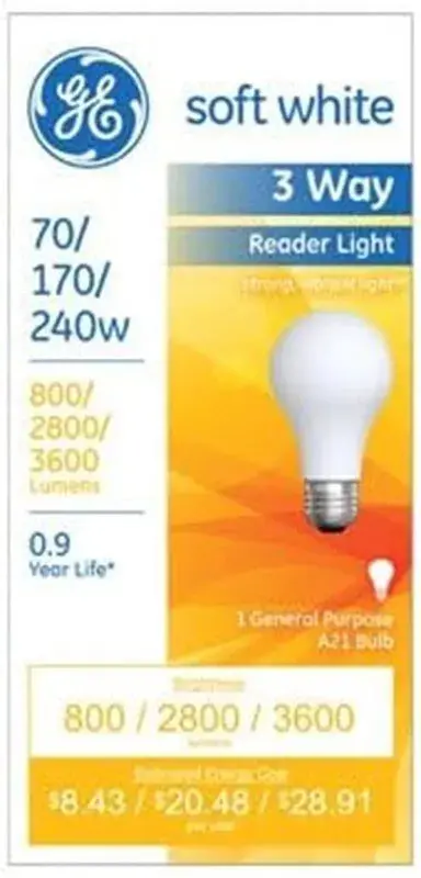 Ge 15846 70 170 240 Watt Soft White 3-Way Reader Light Bulb 1