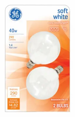Ge 44414 2 Pack 40 Watt Soft White Globe Light Bulbs W Candelabra Base Incandescent Lamps 1
