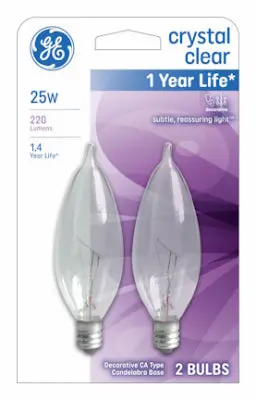 Ge 66104 25 Watt 2 Pack Crystal Clear Bent Tip Candelabra Base Incandescent Light Bulbs 1