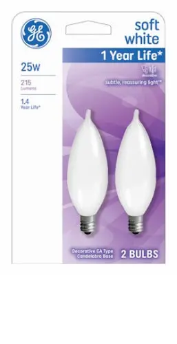 Ge 66105 2 Pack 25 Watt Soft White Flame Shape Decorative Incandescent Candelabra Light Bulbs 1
