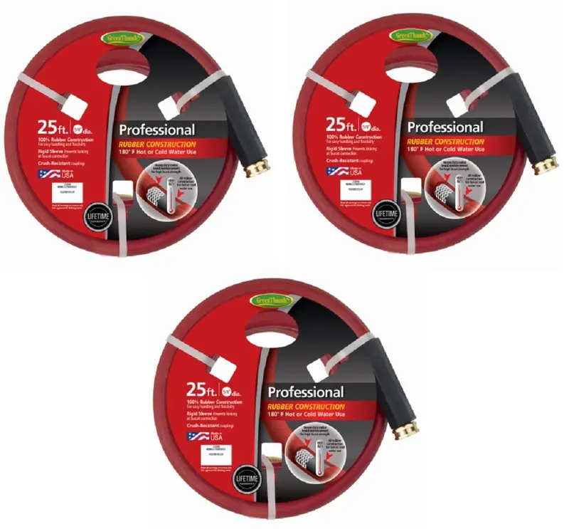 Green Thumb 8696Gt-25 5/8" Inch X 25' Foot Professional Red Rubber Hot Water Garden Hose - Quantity Of 3 1