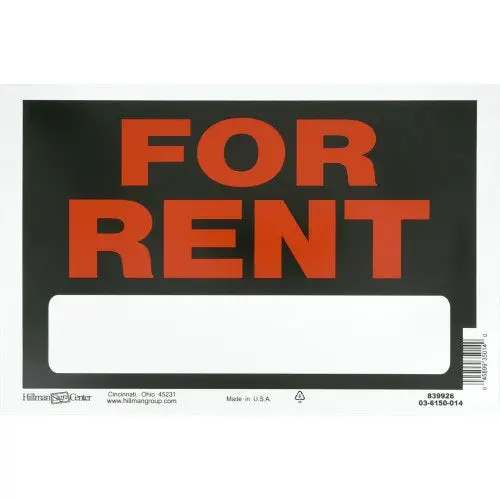 Hillman 839926 8" X 12" Black & Red Weatherproof Plastic For Rent Sign - Quantity Of 48 1