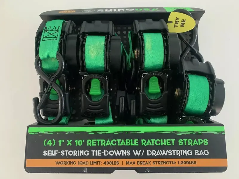 Rhino Td-Rsre1x10-Grn-R 4-Count Pack Of Green Retractable 1" Inch X 10' Ft. Retractable Ratchet Straps 1