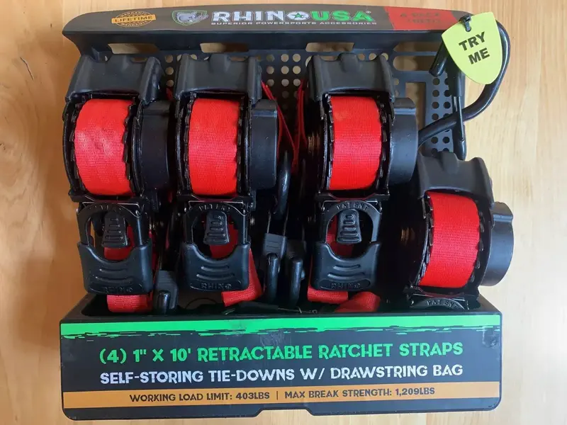 Rhino Td-Rsre1x10-Red-R 4-Count Pack Of Red Retractable 1" Inch X 10' Ft. Retractable Ratchet Straps 1