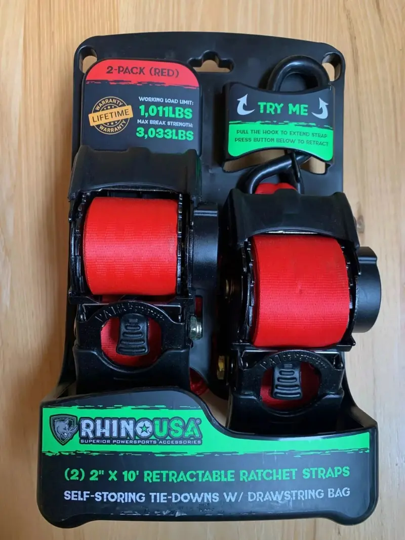 Rhino Td-Rsre2x10-Red-R 2-Count Pack Of Red Retractable 2" Inch X 10' Ft. Retractable Ratchet Straps 1