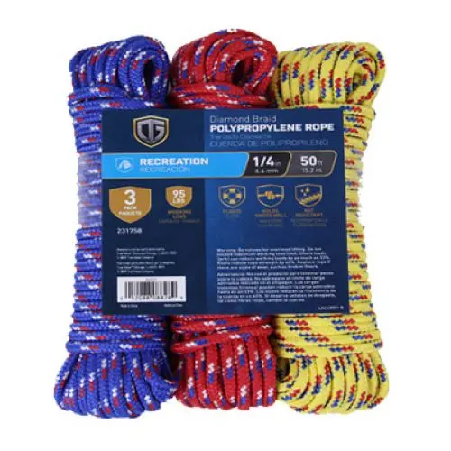Tru-Guard 643551 3-Pack Of 1/4" Inch X 50' Foot Rolls Of Diamon Braided Lightweight Polypropylene Rope - Quantity Of 12 1