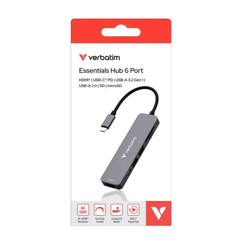 Verbatim - Type  C  Hub  6-In-1  -  Grey  ( Hdmi | Usb-C Pd | Usb-A 3.2 Gen1 | Usb-A 2.0 | Microsd ) 1
